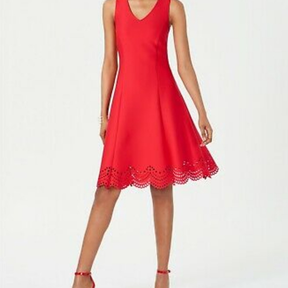 Red Fit Flare Lasercut-Hem Dress (size 12)